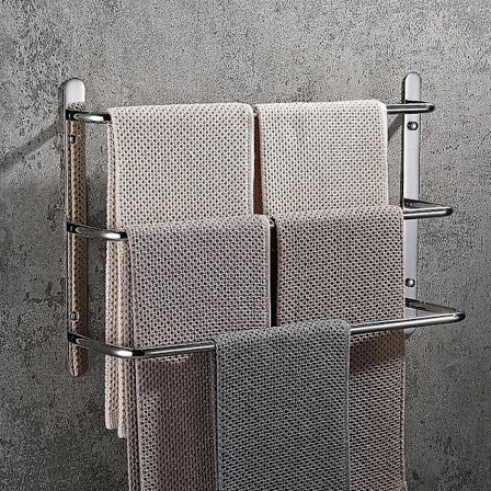 Vægmonteret håndklædeholder, i rustfrit stål 304, Tagre / Vægmontering, 3 stænger, til badeværelse og køkken (krom, 40 cm)