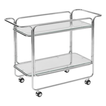 Lasinen tarjoiluvaunu, 2 hyllyä, kromipinta, lukittavat pyörät