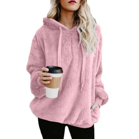 Mjuk och fluffig sweatshirt för kvinnor, höst och vinter, varm dragkedja upp huvtröja pullover med