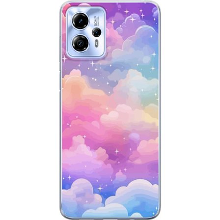 Kompatibelt Mobildeksel til Motorola Moto G13 Søt enhjørning med regnbuefarget hår mot en stjernebelagt pastellbakgrunn i kawaii-stil