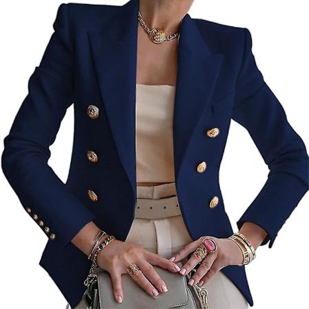 Kvinders Casual Lapel Langærmet Dobbeltradet Slim Work Office Blazer Jakke-WELLNGS navy blue L