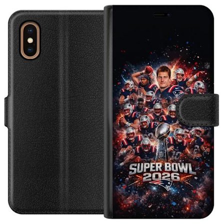 Yhteensopiva Lompakkokotelo Apple iPhone XS Max Super Bowl 2026 juliste, jossa New England Patriots ja NFL-mestaruuspalkinto räjähtävän urheilullisess