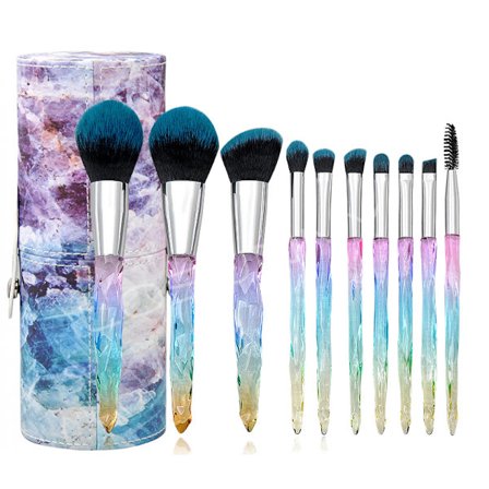 Makeup-børstesæt med krystalhåndtag - 10 stk. farverige diamant-kosmetiske kabuki-børster til foundation, concealer, ansigtspulver og øjenskygger
