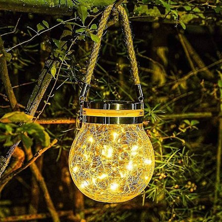 Solar Lantern Outdoor Hanging Solar Light Led Mason Jar Light Waterproof Solar Table Lamp Crack Glass Garden Globe Light For Patio Yard Party Wedding