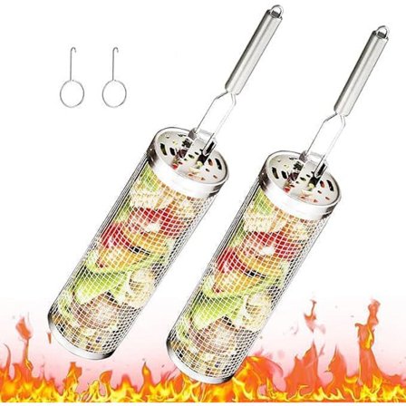 Rullende Grillkurv, Rustfri Grillkurv med Aftageligt Håndtag – Sæt med 2, Perfekt til Camping og Have_TF_TF