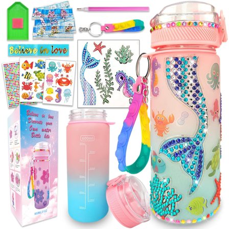Havfrue Gave til Piger 5-10 År, Kreativt Sæt Drikkeflaske til Børn, Vandflaske Kreativitet Diamantmaling Børn Fødselsdagslegetøj til Piger 4-12 År