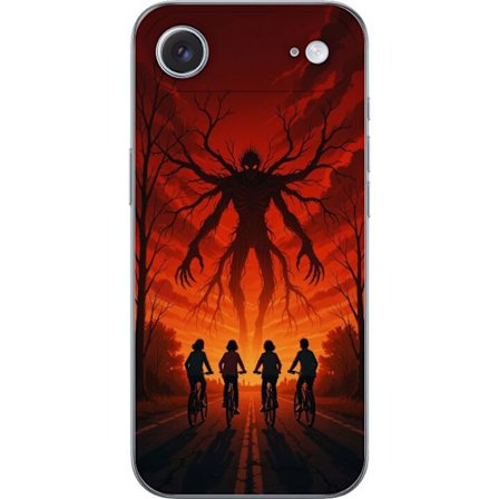 Kompatibelt Mobildeksel til Apple Apple iPhone 17 Air Mørk Stranger Things-inspirert skrekkillustrasjon med rød himmel, monsterfigur og syklende bar