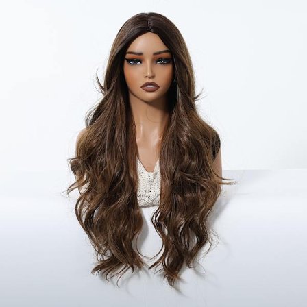Lang Krøllet Paryk med Pandehår - Varmebestandigt Syntetisk Hår til Hverdag & Fest, Kompatibel med Diverse Brands