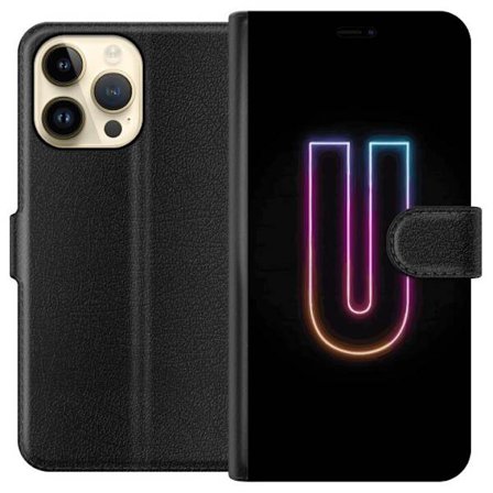 Kompatibel Tegnebogsetui til Apple Apple iPhone 14 Pro Max Minimalistisk neonbogstav U i farverig lyseffekt mod sort baggrund