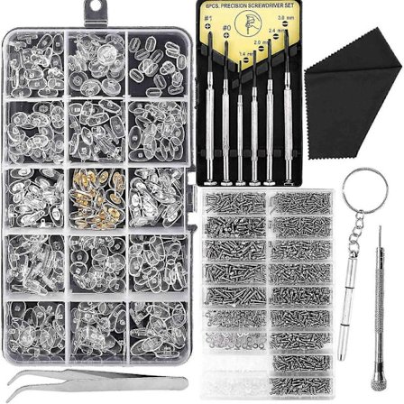 Korjaussarja silmälaseille ja aurinkolaseille, ruuvisarja silmälaseille ja nenätyynyille, jossa 6 ruuvimeisseliä ja 3