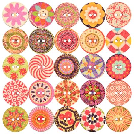 100 stk. Træknapper 20mm Runde Retro Knapper Farverige Blomster Geometrisk Maleri Træ Syknap 2 Huller Håndværk