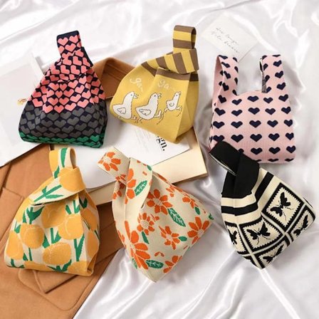 Summer Knit Handbag Women Mini Knot Wrist Bag Japanese Casual Color Wide Stripe Plaid Tote Bag Student Reusable Shopping Bags