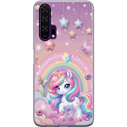 Kompatibel Mobilcover til Honor 20 Pro Magisk enhjørning med regnbue manke, stjerner og sommerfugle mod en pastelfarvet himmel med skyer