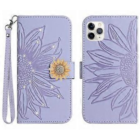 Kompatibel med iPhone 11 Pro Max Præget Solsikke med Diamanter Magnetisk Kortholder Pung Telefon Cover med Kort Rem - Lys Lilla
