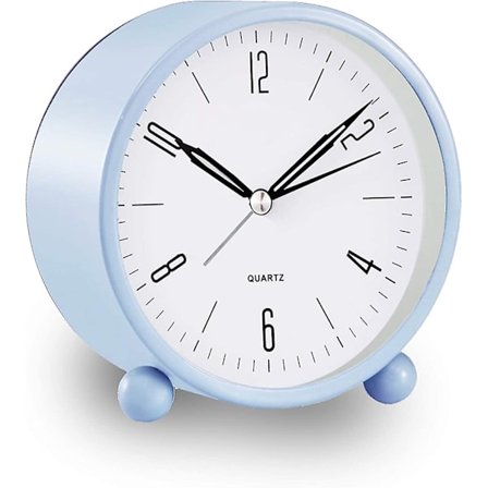 Lyseblå Analog Vækkeur, 10 cm Lydløs Lille Ur med Natlys, Batteridrevet, Simpelt Design, Til Soveværelse, Sengebord, Kontor