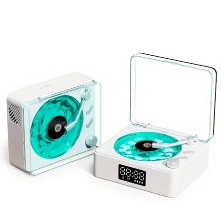 Retro Bærbar Bluetooth Pladespiller med LP Vinyl Stemningslys Justerbar Timer Kompatibel med Vinylplader Hvid