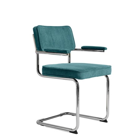 Rupert Spisebordsstol i Blå Fløjl med Armlæn, Krom Ben, Blød Polstring - 56x53x84cm - Max 110 kg - Komfortabel & Holdbar - Elegant design og Koldskum 