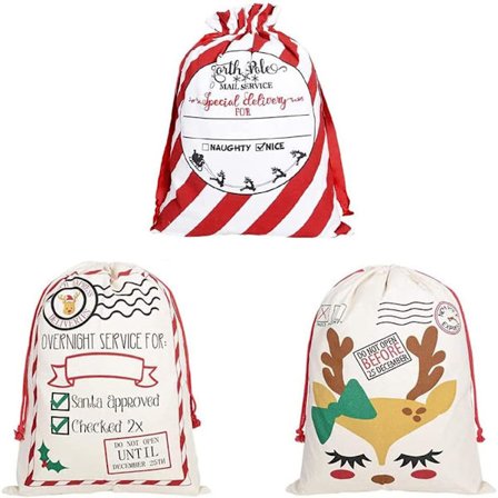 3 stk. Julegaveposer med snøring, ekstra store nisseposer, 70 x 50 cm