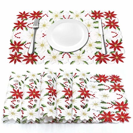 6 stk. Juleferie Dækkeservietter, Broderede Juleblomster 11×17"