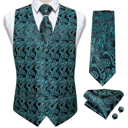 Mænds Klassisk Sølv Paisley Blomster Silke Vest Veste Bryllup Lommetørklæde Slips Sæt Ærmeløs Jakke DiBanGu