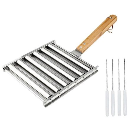 Hotdog-rulla ruostumattomasta teräksestä, makkararullateline, hot dog -rulla puukahvalla ja 4 hotdog-tikulla (FMY)