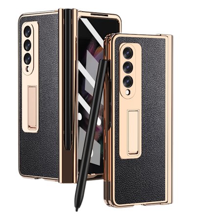 For Kompatibel med Samsung Galaxy Z Fold 3 Støtsikker Hengselbeskyttelse HD Herdet Glass Skjermbeskytter PU Lær Hard PC Ramme Full Dekning C