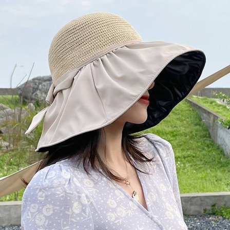 Sort Lim Strandsolhat Solhat Kvinders Hul Straw Hat UV Stor Brim Ansigt Solbeskyttelse Sol Fiskerhat, Beige