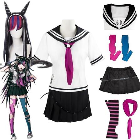 Anime Danganronpa Mioda Ibuki Cosplay-asu Värikäs Devil Horn Peruukki Jk Merimiespuvulla Halloween Carnival Vaatteet Costumes with wigs S