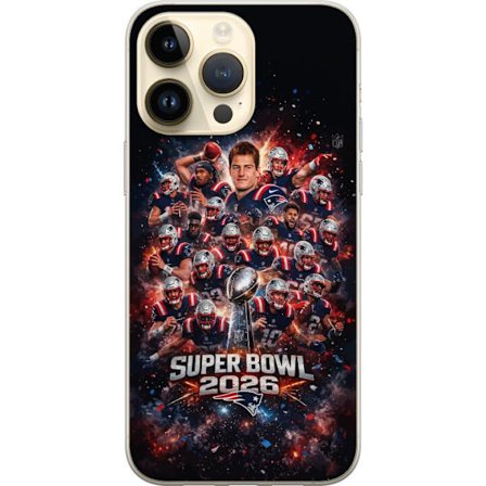 Yhteensopiva Puhelinkuori Apple iPhone 14 Pro Max Super Bowl 2026 juliste, jossa New England Patriots ja NFL-mestaruuspalkinto räjähtävän urheilullise