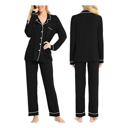 Langermet pyjamasett for kvinner, knepping foran, bomulls nattøy, svart