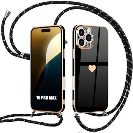 Cover til iPhone 16 Pro Max - Blød Sort Silikone - Stødabsorberende - Hjerte Mønster - med Justerbar Snor