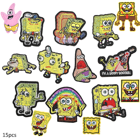15 stk Spongebob Squarepants Tema Broderte Stryke-på-lapper, DIY Sy Applikasjonslapp, Sy på/Stryke på Lapp for Jeans, Bukser, Klær, Jakke, Ryggsekk