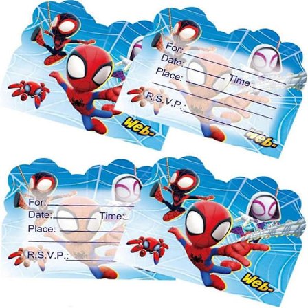 50 kpl Hämähäkkimies ja hänen uskomattomat ystävänsä syntymäpäiväjuhlien kutsukortit, Hämähäkkimies ja hänen uskomattomat ystävänsä juhlatarvikkeet 