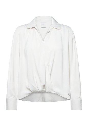 Crepe Ls Faux Wrap Top White Calvin Klein