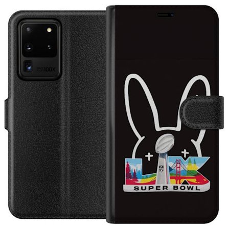 Kompatibelt Lommeboketui til Samsung Galaxy S20 Ultra Bad Bunny portrett med åpen skjorte, tatoveringer og krøllete hår i stilfull motefotograferin