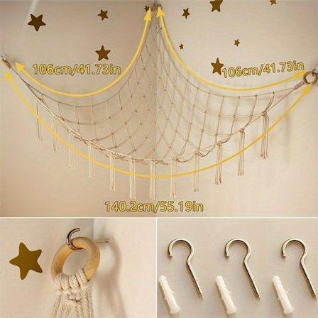 Hyggelig Boho Plyslegetøjs-Hængekøje - Børneværelses Opbevaring med Hængende Net og Hjørneorganisator - Nem at Installere, Ingen Elektricitet (FMY)