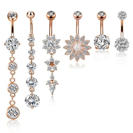 6PCS 14G rostfritt stål Crystal navelringar navelringar Rose Gold