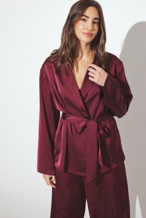 NA-KD Satin Pyjama Robe - Badekåber - Burgundy - L (EU 42-44)