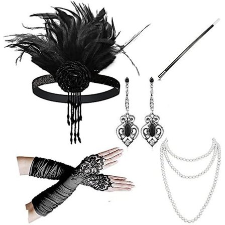 1920-talls tilbehørsett kostyme fjær pannebånd øredobber hansker