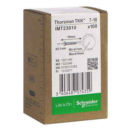 Schneider Electric IMT23610 Klemmer spiker, 100-pakning, rund kabel 7-10, 2,1x18 mm, Installasjonsmaterial