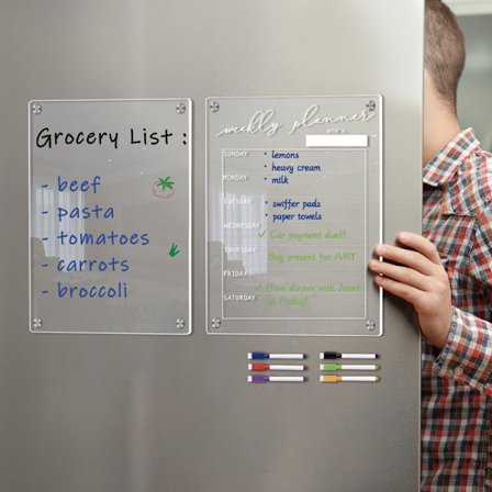 En uppsättning av 2 akryl magnetiska transparenta torr radera tavla för kylskåp, klar anteckningstavla kylskåp 21*29,7 cm