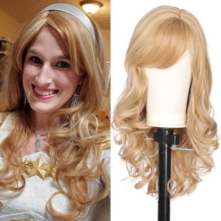 #Ægte hår paryk gylden lang krøllet dameparyk#