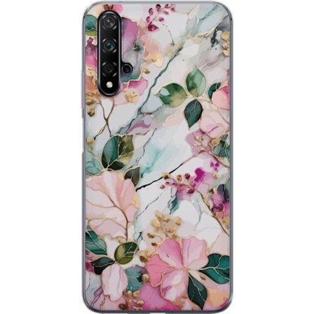 Kompatibel Mobilcover til Huawei nova 5T Abstrakt marmormønster med blomster, blade og gyldne detaljer i bløde pastelfarver