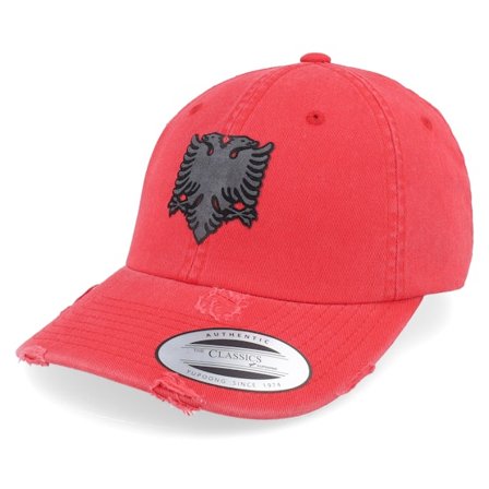 Iconic - Rouge unconstructed Casquette - Albanian Eagle Patch Red Destroyed Dad Cap @ Hatstore