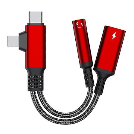 L-formet iP/USB-C til 3,5 mm hun + Type-C opladningskabel lydopladningsadapter - Rød
