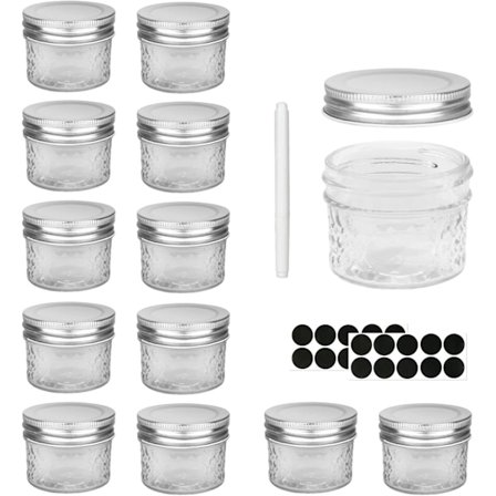 12 stk. Små syltetøjsglas, glas med sølvfarvede metallåg til overnight oats, marmelade, honning, bryllupsgaver, shower favors, DIY krydderiglas (120 