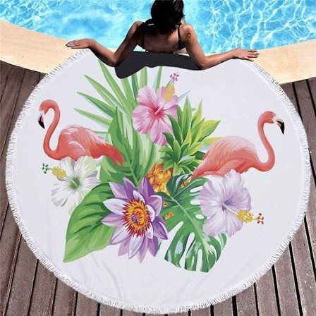 Strandhandduk 150 X 150 Cm Rund Strandhandduk Överdimensionerad Tjock Filt, Mikrofibertyg Med Bomullsfransar, Flamingo Tropiska Växtblad