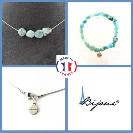 Stenar och mineraler. Smyckesset Armband Halsband 4 Larimar pärlor från République Anpassningsbar storlek.