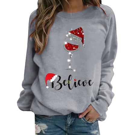 Jul Kvinder Langærmet T-shirt Xmas Print Casual Løse Toppe Bluse Grey 3Xl