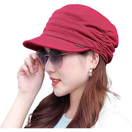 Fashionabla plisserad rund hatt dam bomull målarvisir 55-60 cm (röd)